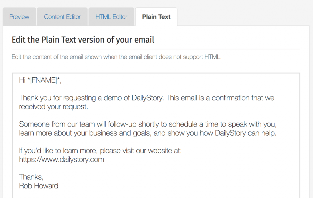 DailyStory plain text email editor