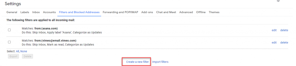 Create new Gmail filter