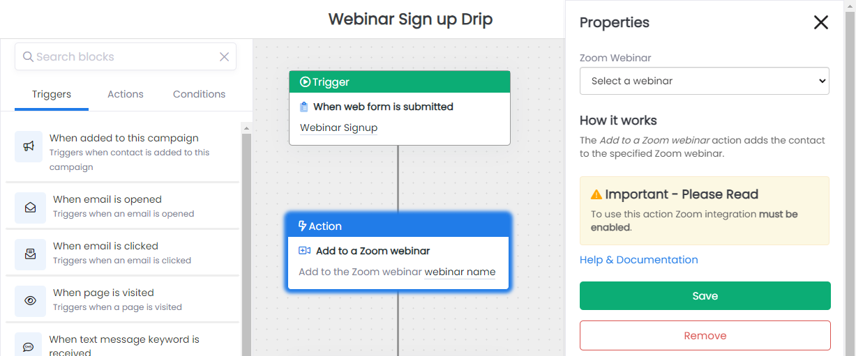 Configure Add to Zoom webinar automation action