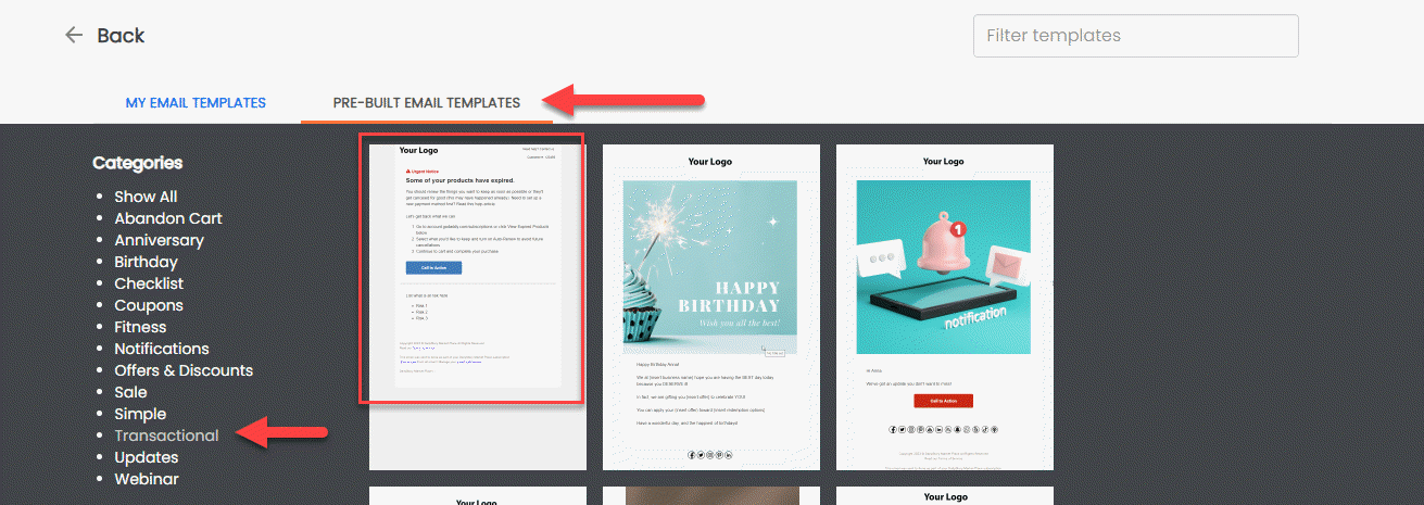 Transactional email example - pre-built template