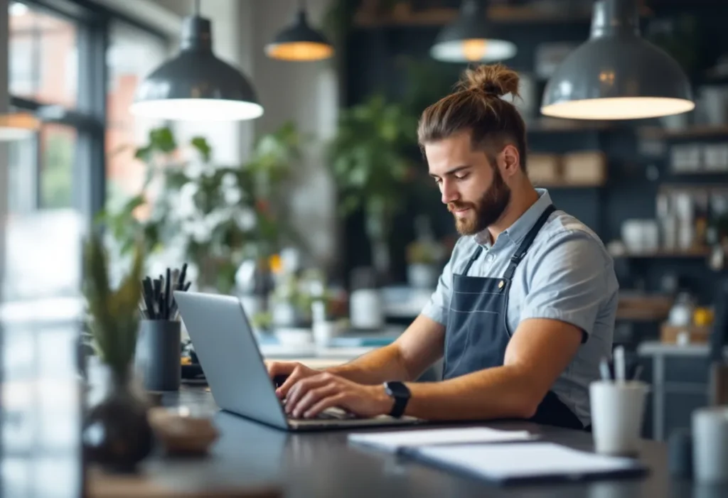 franchise business owner at computer working inside their business