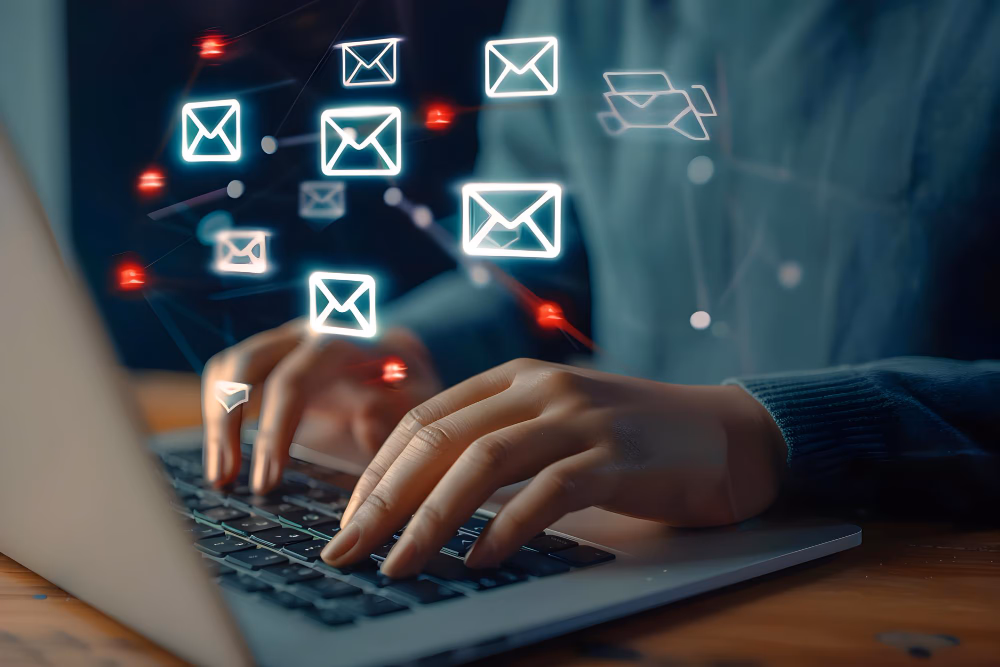 how email marketing works with a person at the computer typing an email with other emails in foreground showing