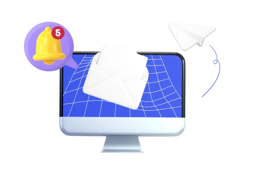 computer showing email follow up with bell and arrow