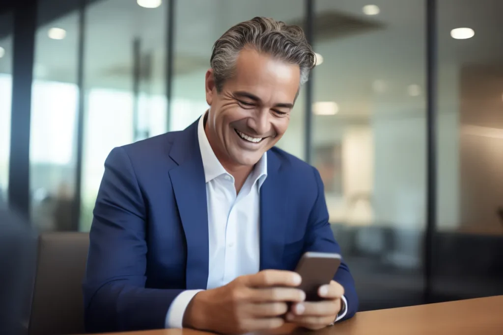 man at work receiving text message